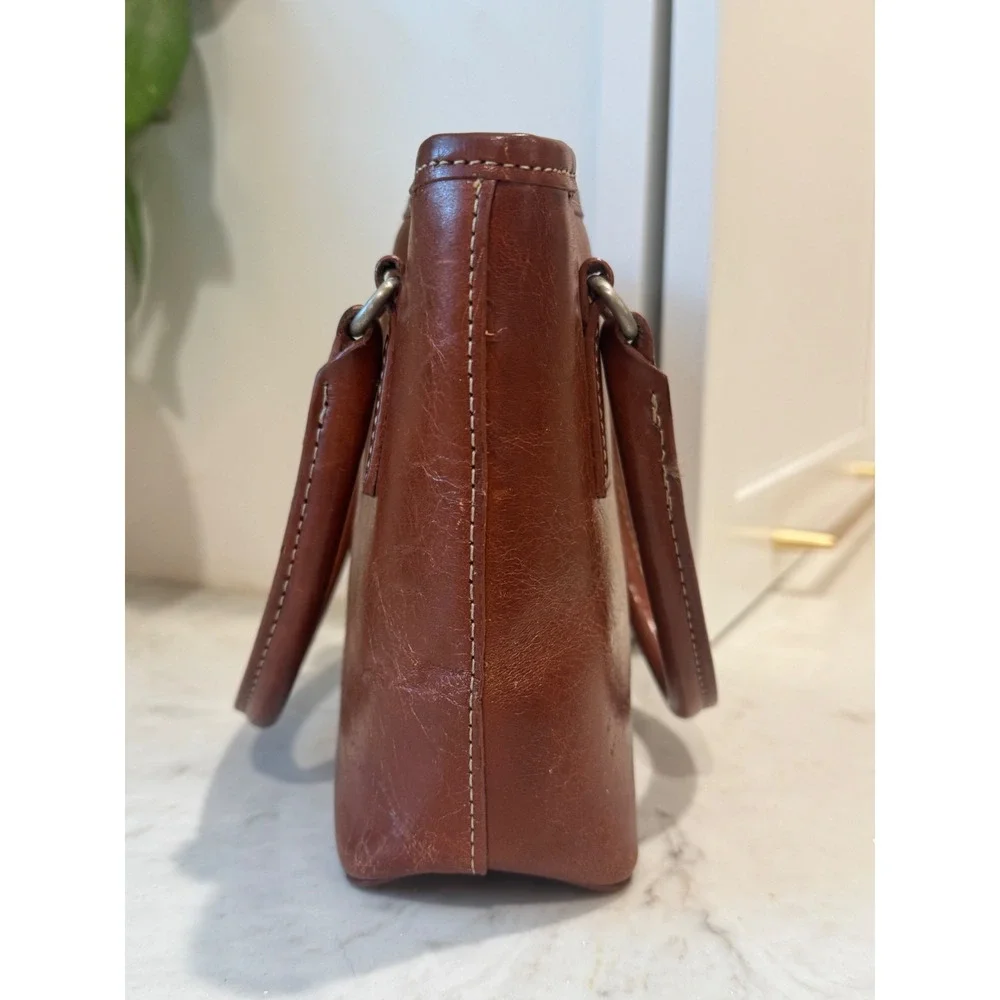 Fossil Mini Tote Hand Bag Womens Small Brown Leather Vintage Contrast Stitch